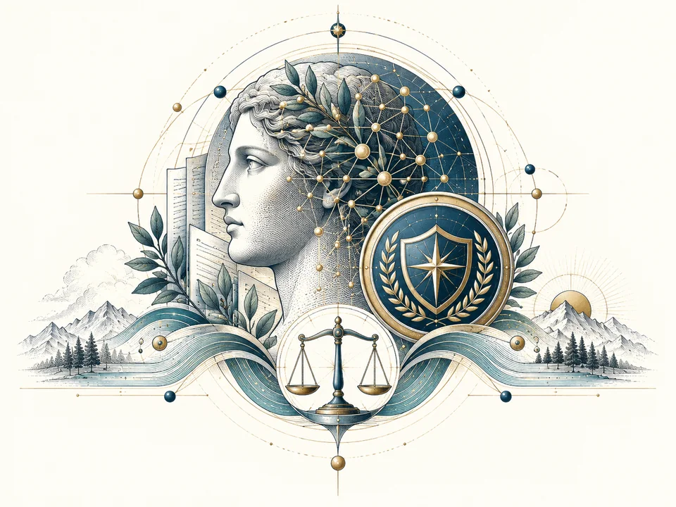A classical engraved profile with connected nodes and a compass; a metaphor for human oversight of AI.