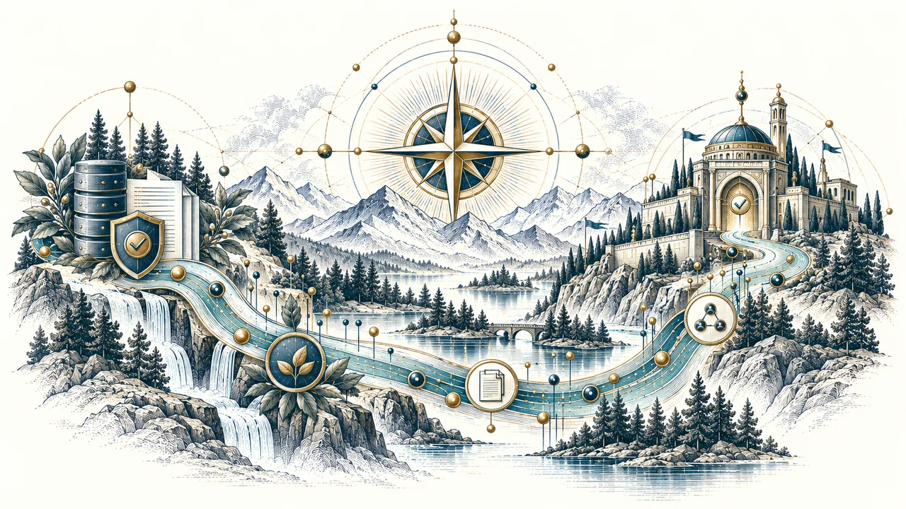 An engraved compass above a river connecting records and a citadel; a metaphor for governed information.