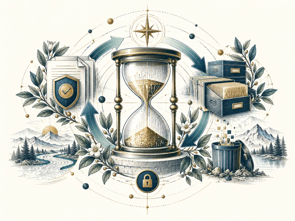 An engraved hourglass and archive; a metaphor for the information lifecycle and review decisions.