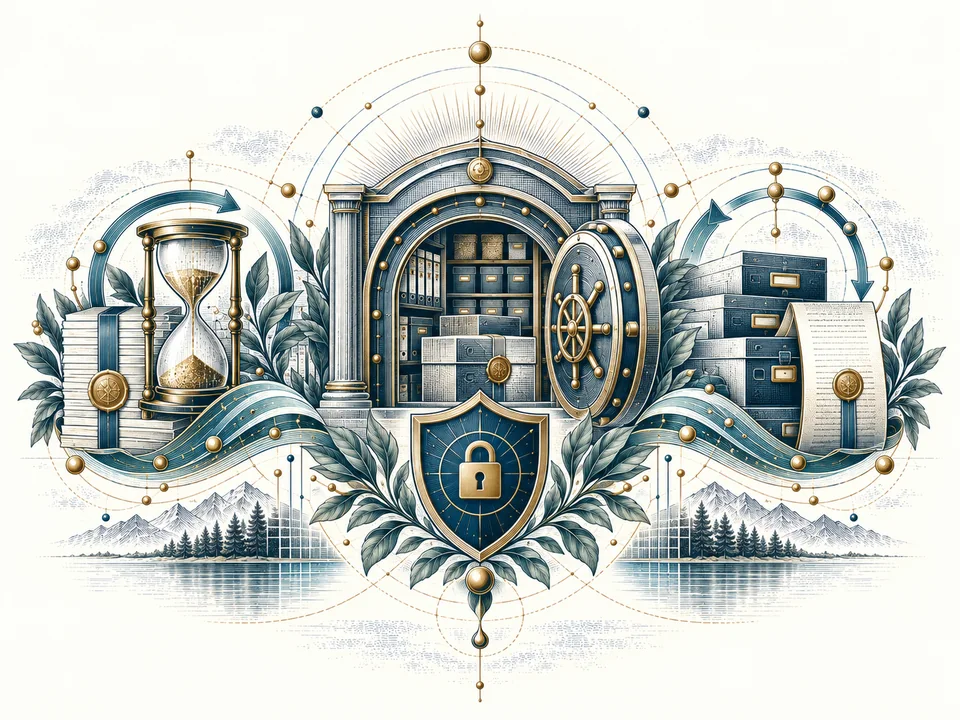 An engraved archive and hourglass; a metaphor for controlled access and retention, not a security certification.