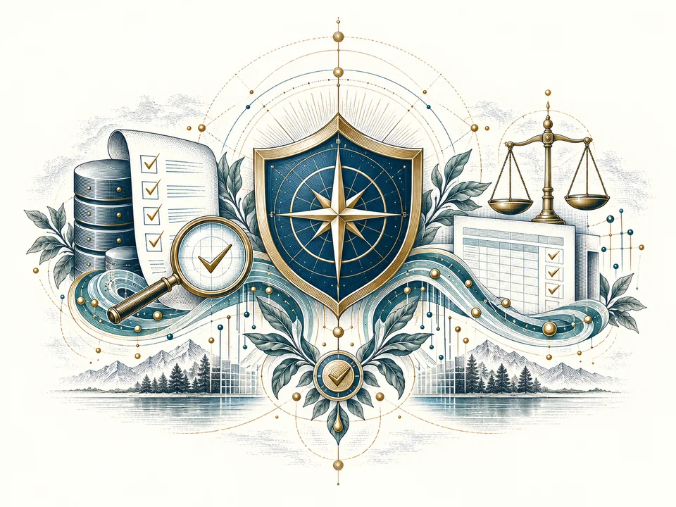 An engraved compass, reviewed records and calibrated scales; a metaphor for explainable data quality.