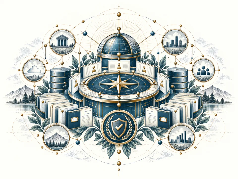 An engraved observatory and council of records; a metaphor for ownership and decision rights.